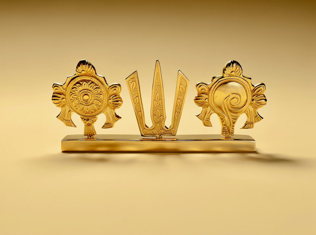 [SD991] Brass Shankh Chakra Trishul Standing Tabletop - [SD991]